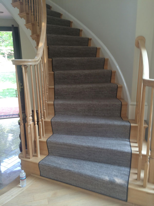 Grey Carpeted Curved Staircase Runner by Farsh Carpets in Alexandria, VA