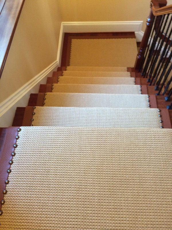 Carpeted Beige and Brown Leather Stair Runner with Rivets by Farsh