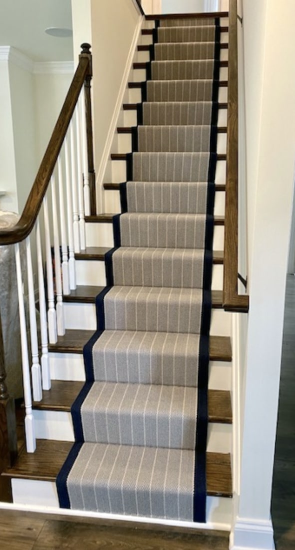 Grey, Navy, White Striped Carpet Stair Runner Installed by Farsh Carpets & Rugs