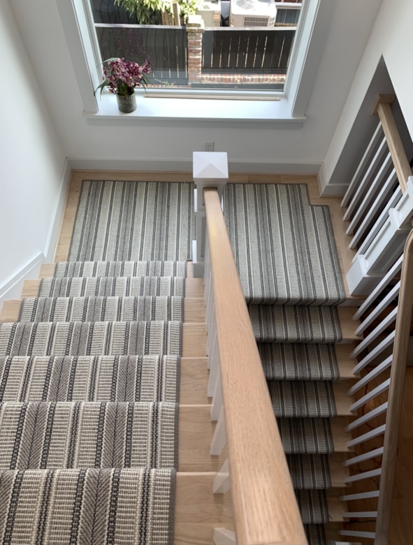Grey Striped Patterned Carpeted Stair Runner Installed by Farsh Carpets & Rugs