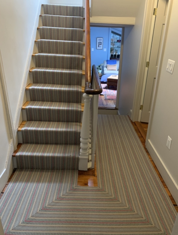 Grey Striped Carpeted Stair Runner with Red Pin Stripe