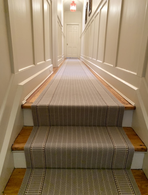 Grey Striped Carpeted Hallway and Stair Runner Installed by Farsh Carpets & Rugs