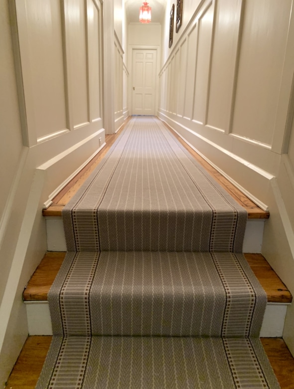 Grey Striped Carpeted Hallway and Stair Runner